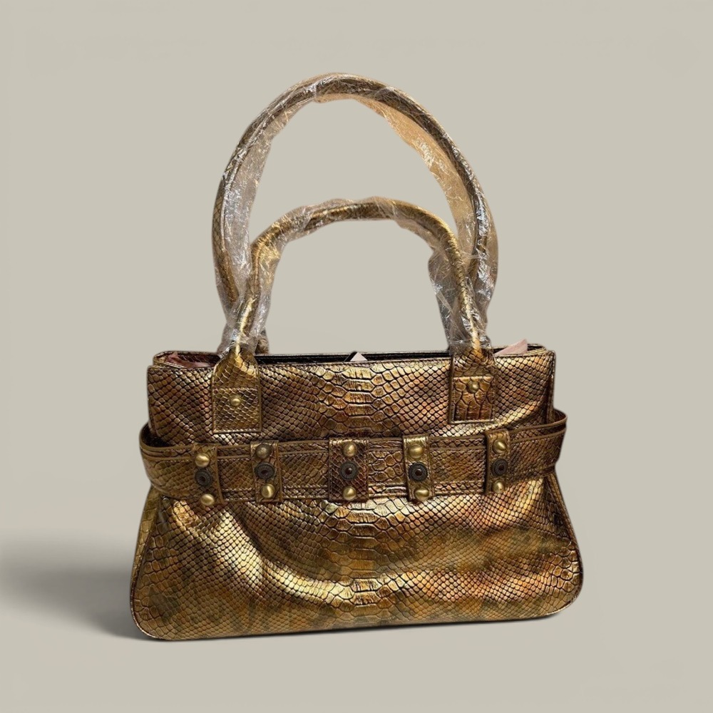 The Find Metallic Gold Snakeskin Embossed Studded Satchel Handbag Maximalist Bag